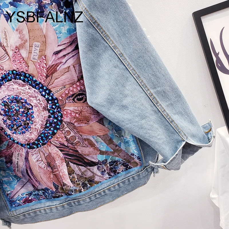 Women Denim Jacket Feminine Spring Autumn Boho Sequin Floral Appliques Embroidery Coat Long Sleeve Outerwear Female Veste Femme