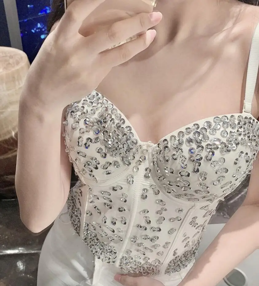 Fashion Rhinestone Push Up Bustier Corset Sexy Women's Wedding Night Club Party Bra Cropped Top Vest Crop Top q110