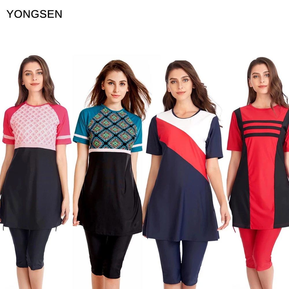 

Женский Мусульманский купальник YONGSEN, модель 2022 года, раньше, Мусульманский купальник с шапочкой для плавания, спортивный купальник, Женский скромный хиджаб с коротким рукавом и принтом