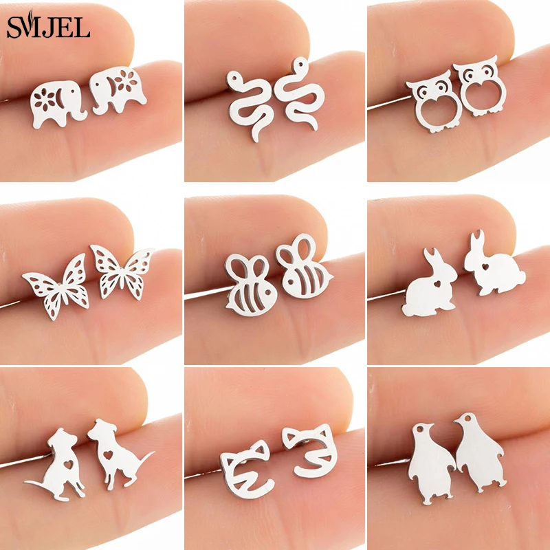 Mini Stainless Steel Animal Stud Earrings for Women Girls Lovely Snake Fish Rabbit Cat Earings Jewelry Bee Dog Mouse Accessories