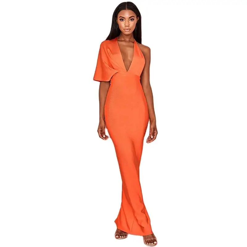 Women\'s Bandage Maxi Sexy One-Shoulder Long Evening Party Runway Elegant backless Deep V Neck Orange Floor-length Dresses