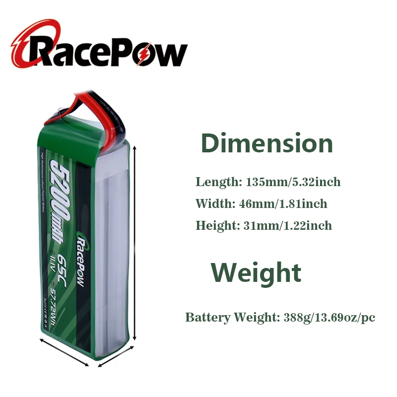 RacePow RC Lipo Battery 5200mAh 3S 11.1V 65C with T Plug for RC Evader Car  Helicopter Boat Truck Airplane Quadcopter 4 units