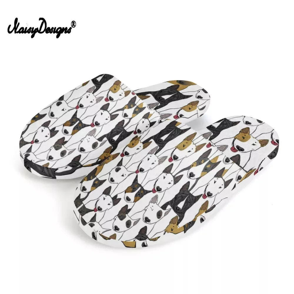 Winter Women House Slippers Bull Terrier Print Faux Fur Warm Flat Shoes Female Slip Furry Ladies Non-Slip Slides Slippers Unisex