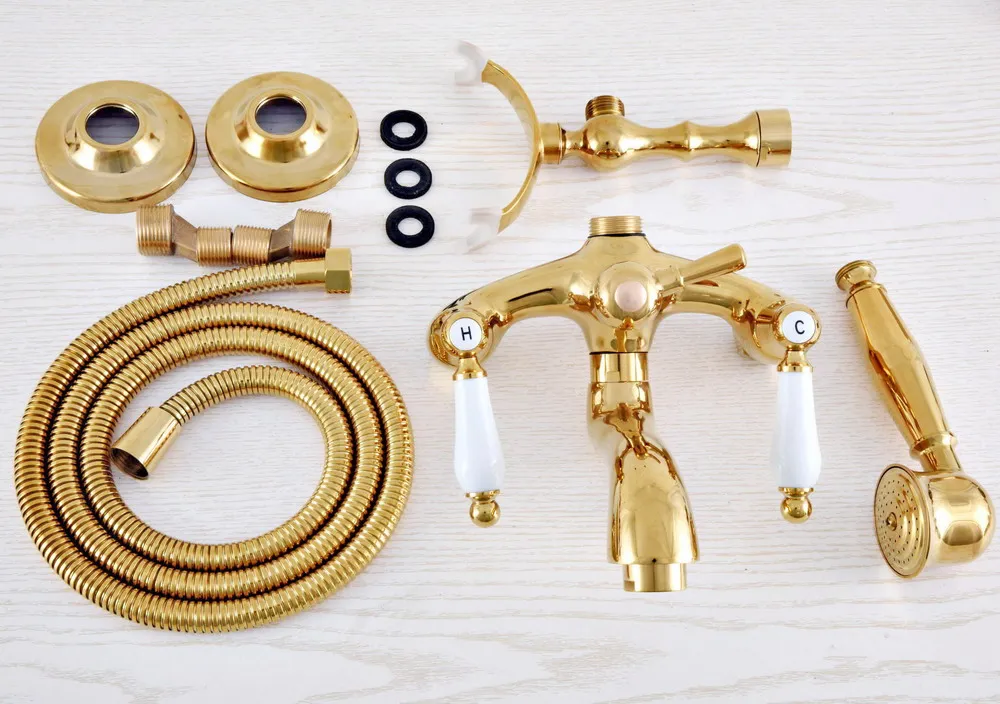 Luxury Polished Gold Color Brass Bathroom Wall Mounted Clawfoot Tub Faucet Taps Set With Hand Held Shower Head Spray mna820