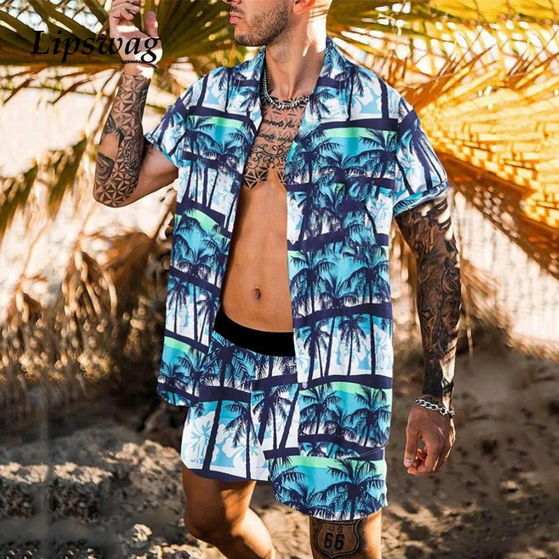 2021 Sommer Strand Mode Leoparden muster zweiteilige Sets für Männer Kurzarmhemd und Kordel zug Shorts passt zu lässigen männlichen Outfit