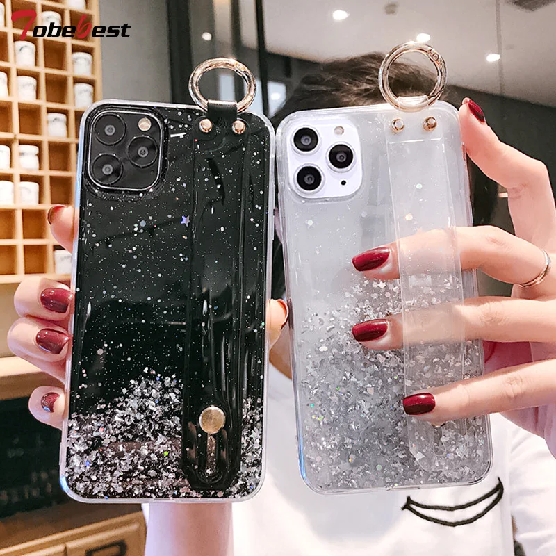 Wrist Strap Hand Band Bling Glitter Case For Samsung Galaxy S21 Ultra S20 FE S10 Lite S9 S8 Plus 5G Silicone Transparent Cover