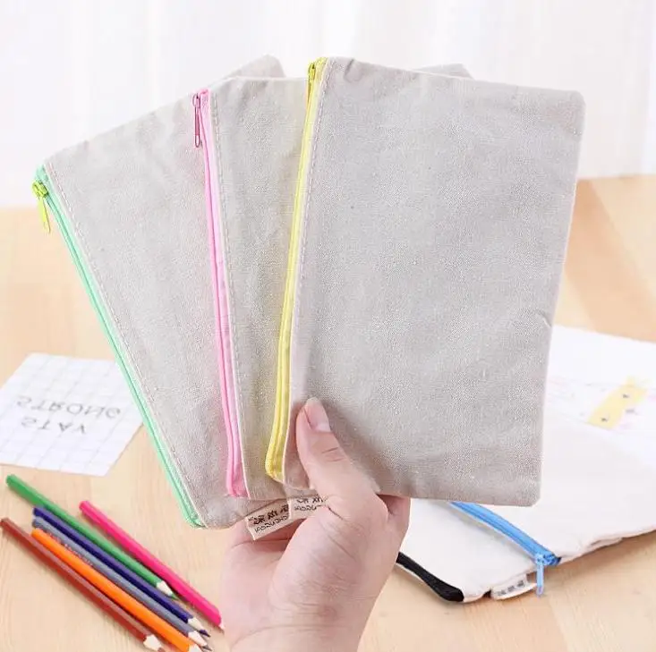 

100pcs Blank Canvas Zipper Pencil Bags Pure Cotton Pen Pouches Cosmetic Bags Mobile Phone Clutch Bag 20.5x13cm Wholesale