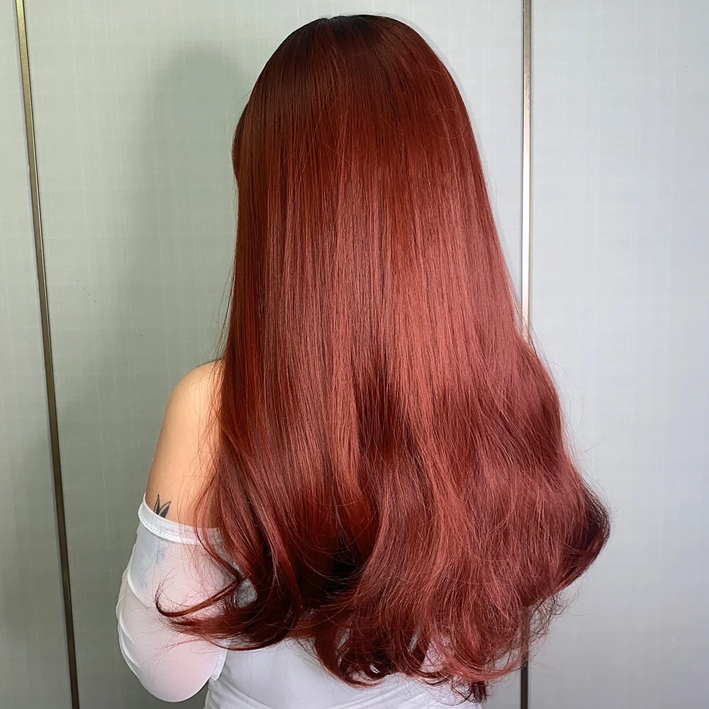 HENRY MARGU Ombre Wein Rot Synthetische Perücken Mit Pony Lange Wellenförmige Cosplay Haar Perücken für Frauen mit Dunklen Wurzeln Wärme beständig