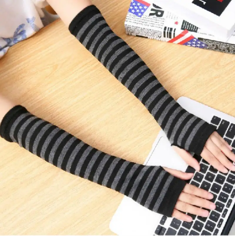 Women Long Fingerless Gloves Fashion Striped Elbow Gloves Warmer Knitted Mittens Punk Gothic Rock Long Arm Gloves