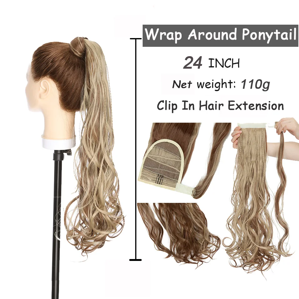 Benehair Synthetic 24inch Long Wavy Clip In Ponytail With Braids Hair Pieces Blonde Brown Ombre Wrap Around Ponytail 120g