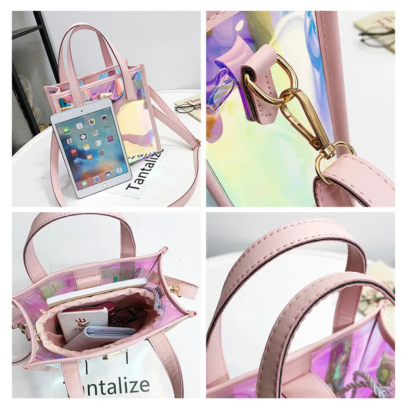 2024 New Summer transparent bag fashion ladies handbag 2 pcs Messenger Crossbody pack PVC Big Beach Shoulder bags for women