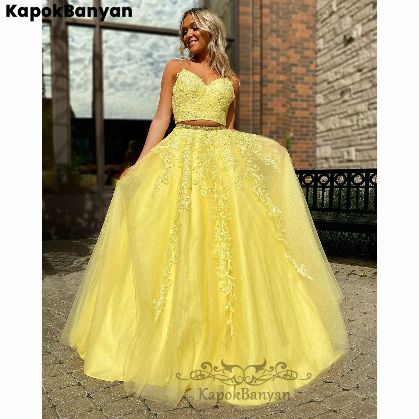 Yellow Two Pieces Sweetheart Long Tulle Prom Dresses Lace Crop Top Party Gown