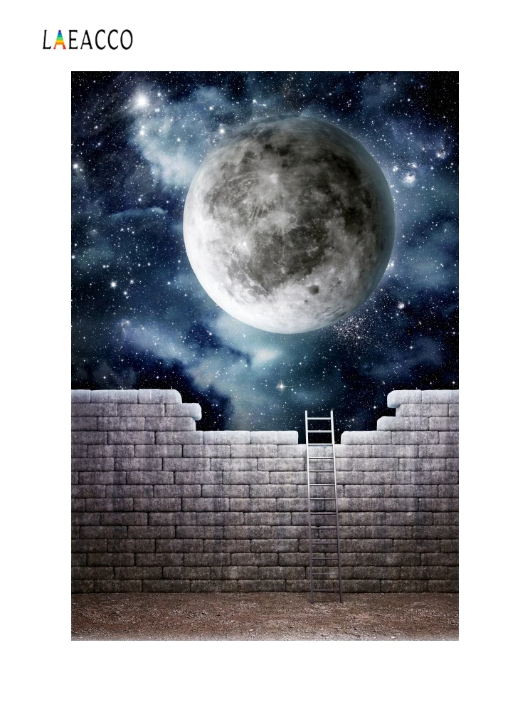 Laeacco Dreamy Nature Scenery Backdrop Moon Starry Night Brick Wall Ladder Room Wall Decor Photography Background Photo Studio