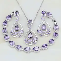 Purple Cubic Zirconia White Crystal 925 Sterling Silver Jewelry Sets For Women Stud Earrings/Pendant/Necklace/Bracelet