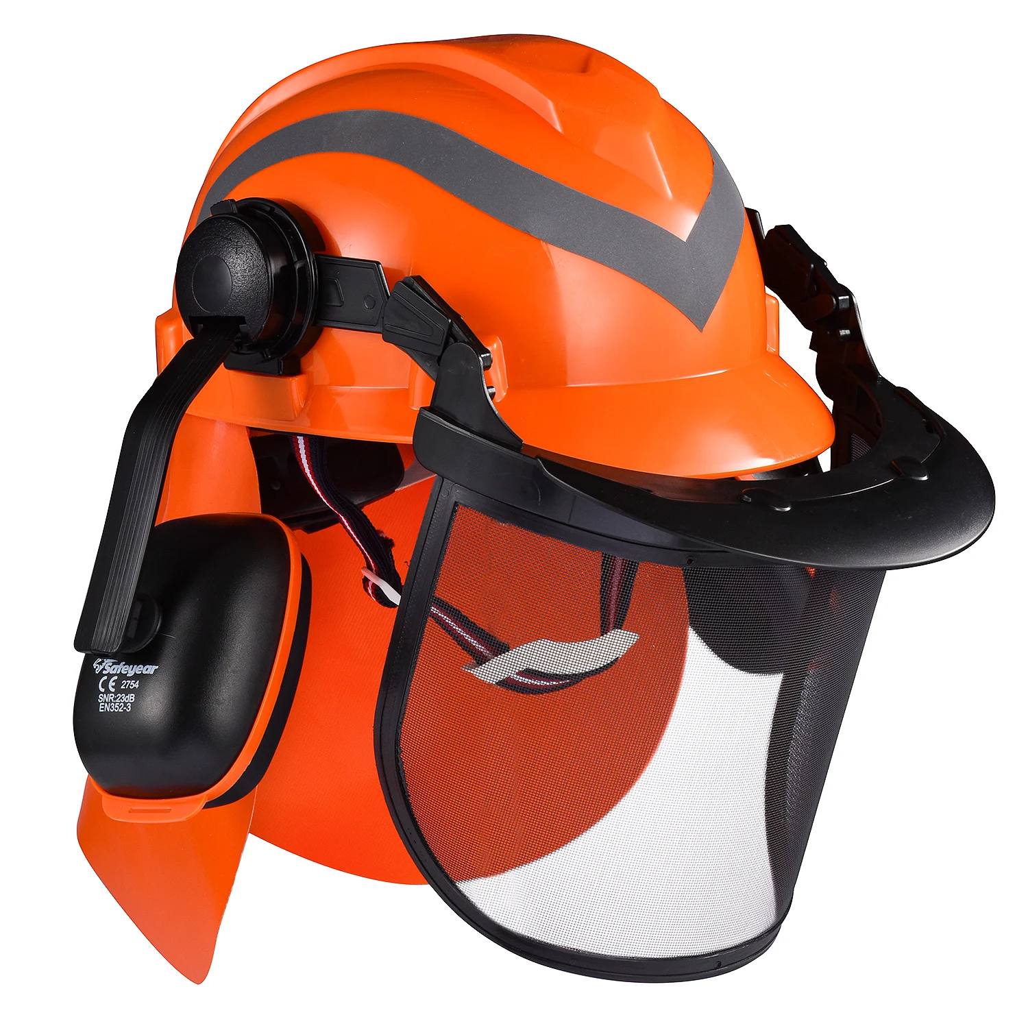 SAFEYEAR Pro Forestry Chainsaw Safety Helmet With Adjustable 27SNR Ear Muffs,Mesh Visor M-5009OR Hard Hat For Landscaping Work