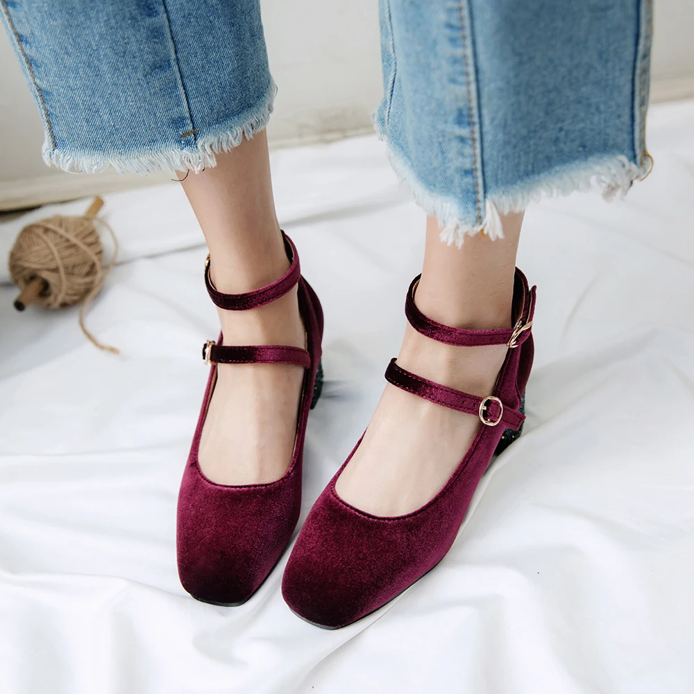 Spring velour burgundy Pumps women shoes buckle strap bling glitter sequined heels mary janes woman green velet high heel Female