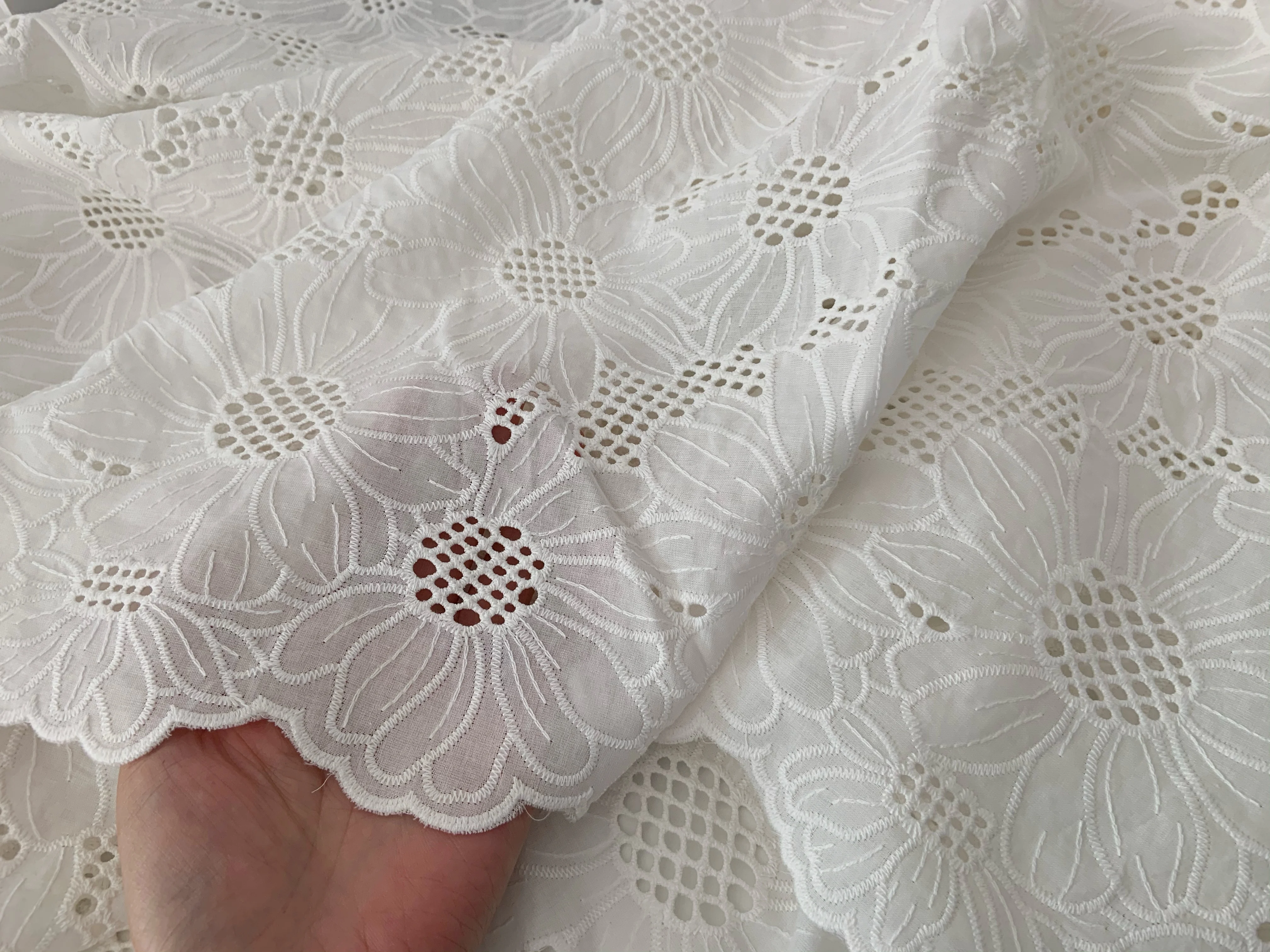 Off White Cotton Fabric with Flowers Sunflower Lace Eyelet for Wedding Tablecloth,Photography Prop Backdrop,Curtain