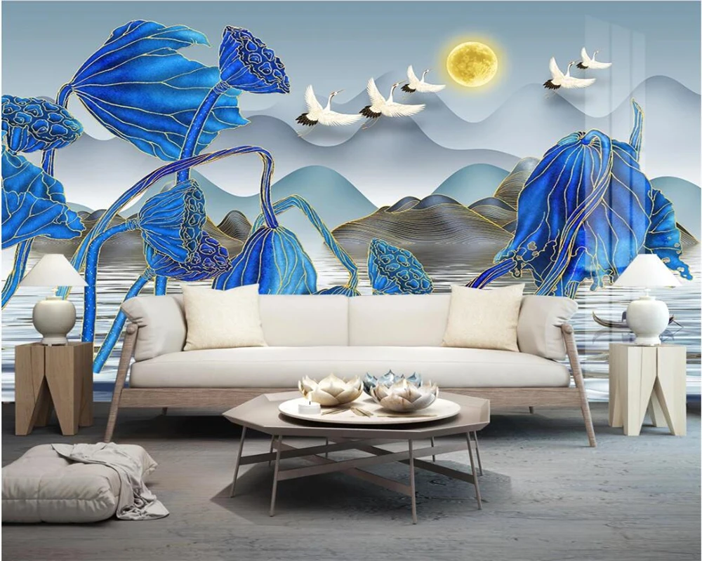 beibehang Customized new Chinese wall paper style brushwork lotus light luxury simple background decorative painting wallpaper