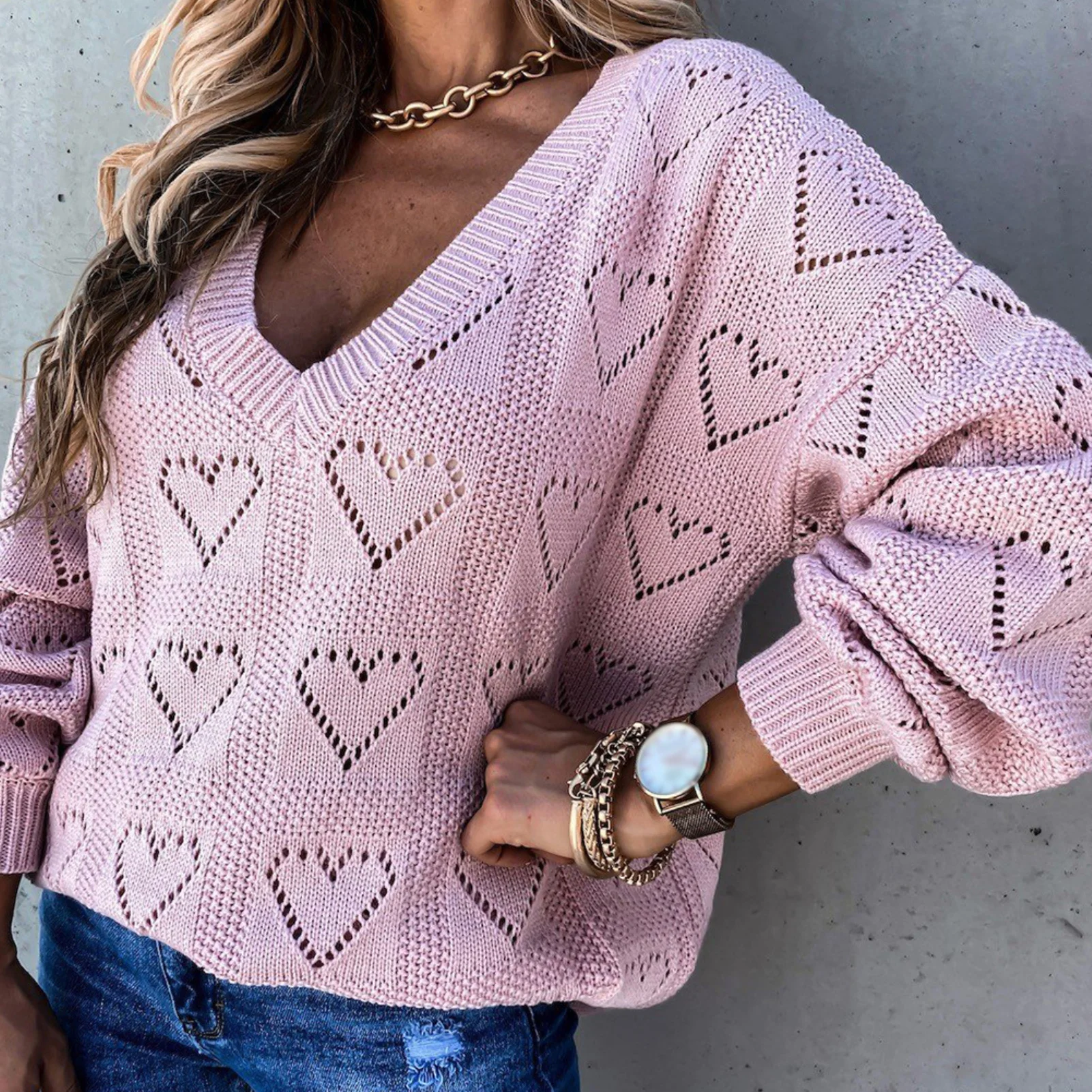 Women Casual Sweaters Autumn Winter Love Heart Hollow Crochet Sweater Loose Knitwear V Neck Loose Sexy Pullovers Tops 4 Colors