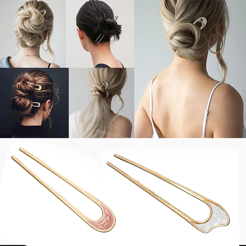 Trendy Metal U Shape Hair Stick Ponytail Holder Hair Accessories For Women Silver Gold Color Simple Shell Korean Forks Hairpin