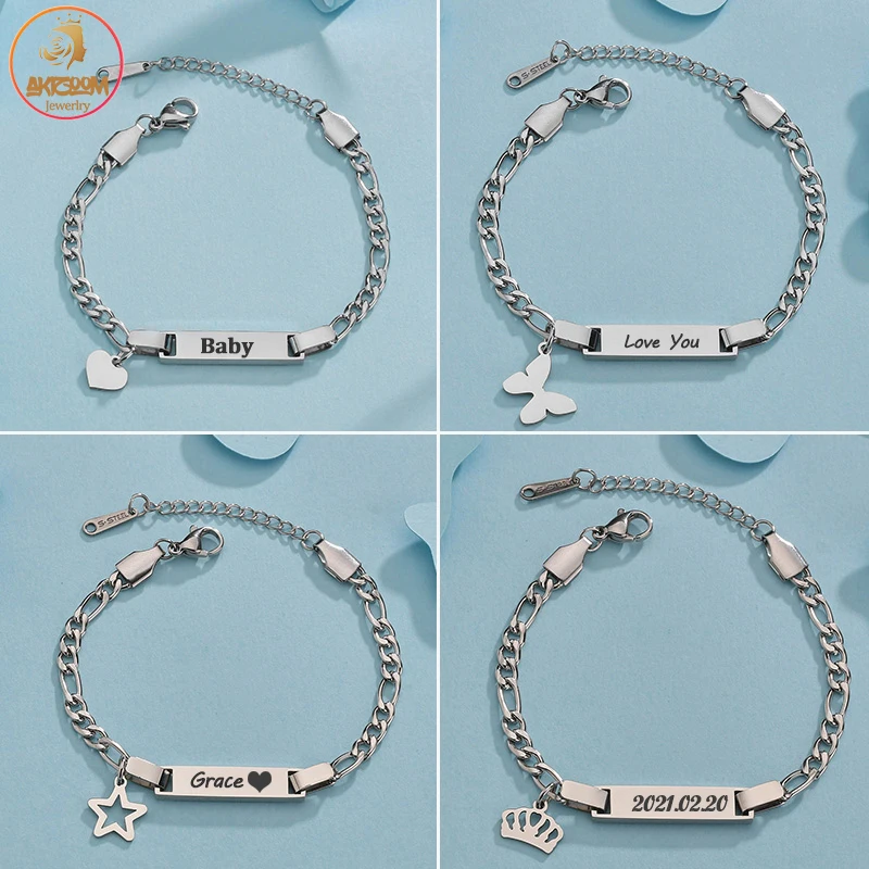 

Akizoom Laser Engrave Baby Name Bar Bracelet Star Nameplate Stainless Steel for Kids Link Chain Custom Jewelry Christmas Gift