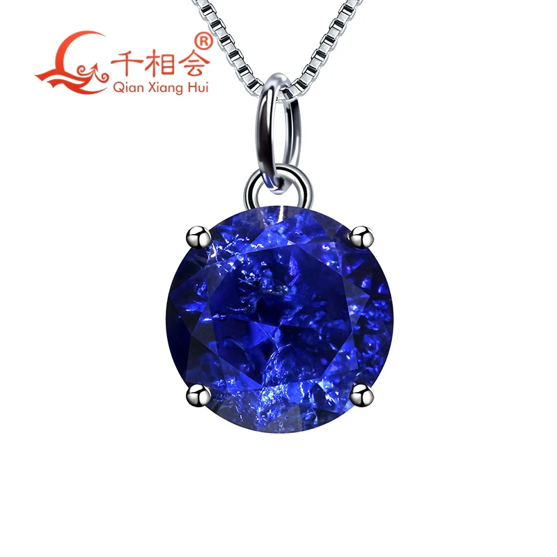 925 silver  round shape 9mm blue color Artificial sapphire with inclusions main stone Jewelry for Pendant Necklace