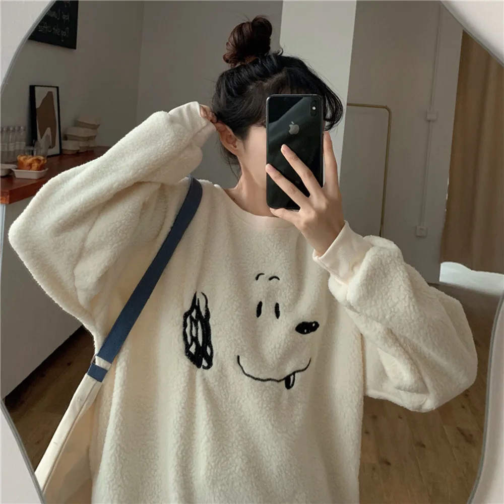 Sweet Winter New Arrivals Women Hoodie Sweatshirt Apricot Lamb Wool Embroidery Cute Puppy Female Loose Pullover