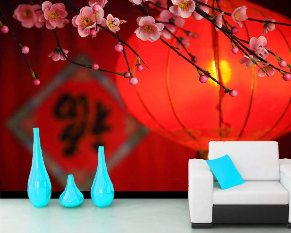 Papel de parede Traditional red lantern and peach blossom Chinese style 3d wallpaper,living room tv bedroom restaurant mural