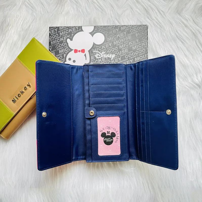 2021 New Disney Color-Blocking Mickey Mouse Nylon Fabric Women Long Clamshell Three-Fold Clutch Coin Purse Lady ID Bags Boxed