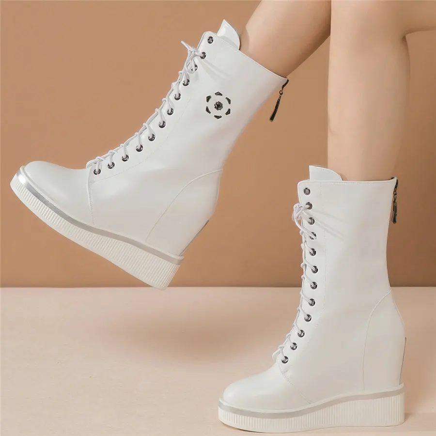 

Winter Pumps Shoes Women Lace Up Cow Leather Wedges High Heel Snow Boots Female High Top Round Toe Fashion Sneakers Casual Shoes