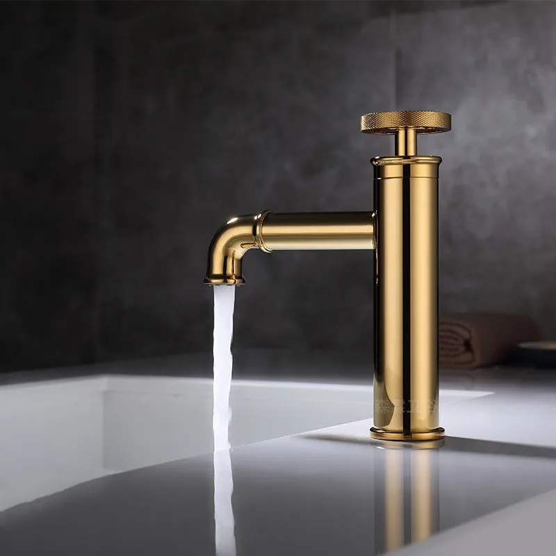 

Industrial style All brass Gold bathroom sink faucet cold hot basin mixer tap Round Handle single hole top quality faucet