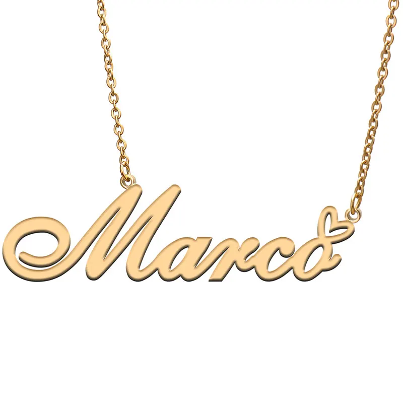 Marco Name with Love Heart Necklace for Women Stainless Steel Jewelry Nameplate Pendant Femme Mother Child Girls Gift