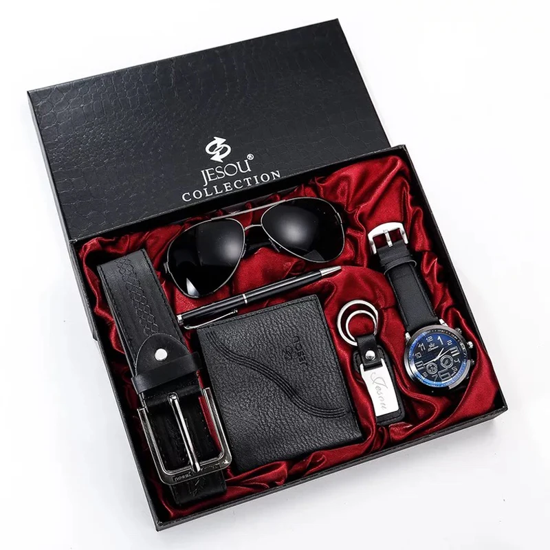 Fashion Men Watch Luxury Gifts Set Sunglasses Top Quality Belt Wrist Watch Wallet Key Ring pen For Men Valentine\'s Christmas