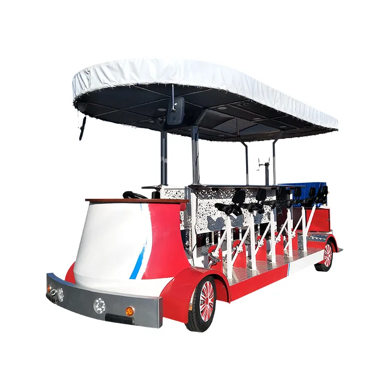 دراجة بيرة كهربائية للحفلات بأربع عجلات تزحف على شكل حانات تعمل بالدواسات 7-15 راكب