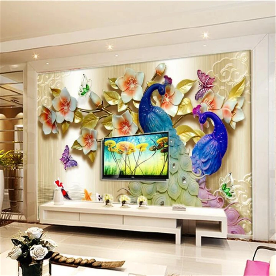 beibehang Custom wallpaper 3D jewelry relief papel de parede simple peacock European background wall living room decoration обои