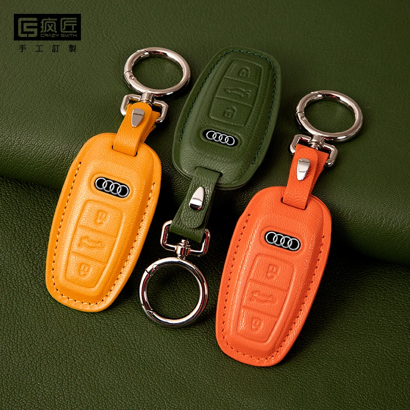 Crazy Smith Goat Skin Genuine Leather Car Key Cover for Audi A6/A6L/A7L/A8/A8L/Q8