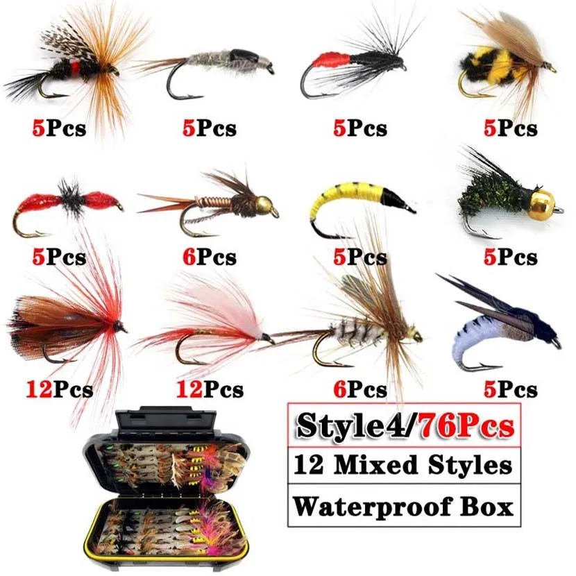 24-76Pcs/Set Mixed Styles Fly Fishing Lure Wet/Dry Nymph Artificial Flies Bait Pesca Tackle Trout Carp Kit