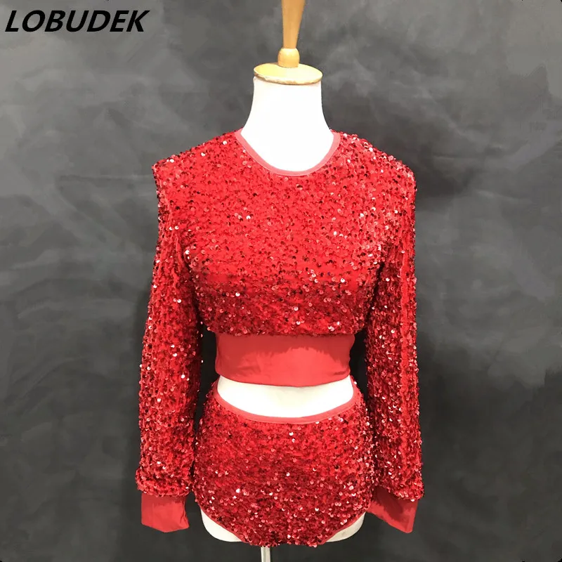 Jazz Dance Costume Red Black Glitter Sequins Tops Shorts Split 2-Piece Set Women DJ Dancer Team Singer Sexy Bar Stage Wear