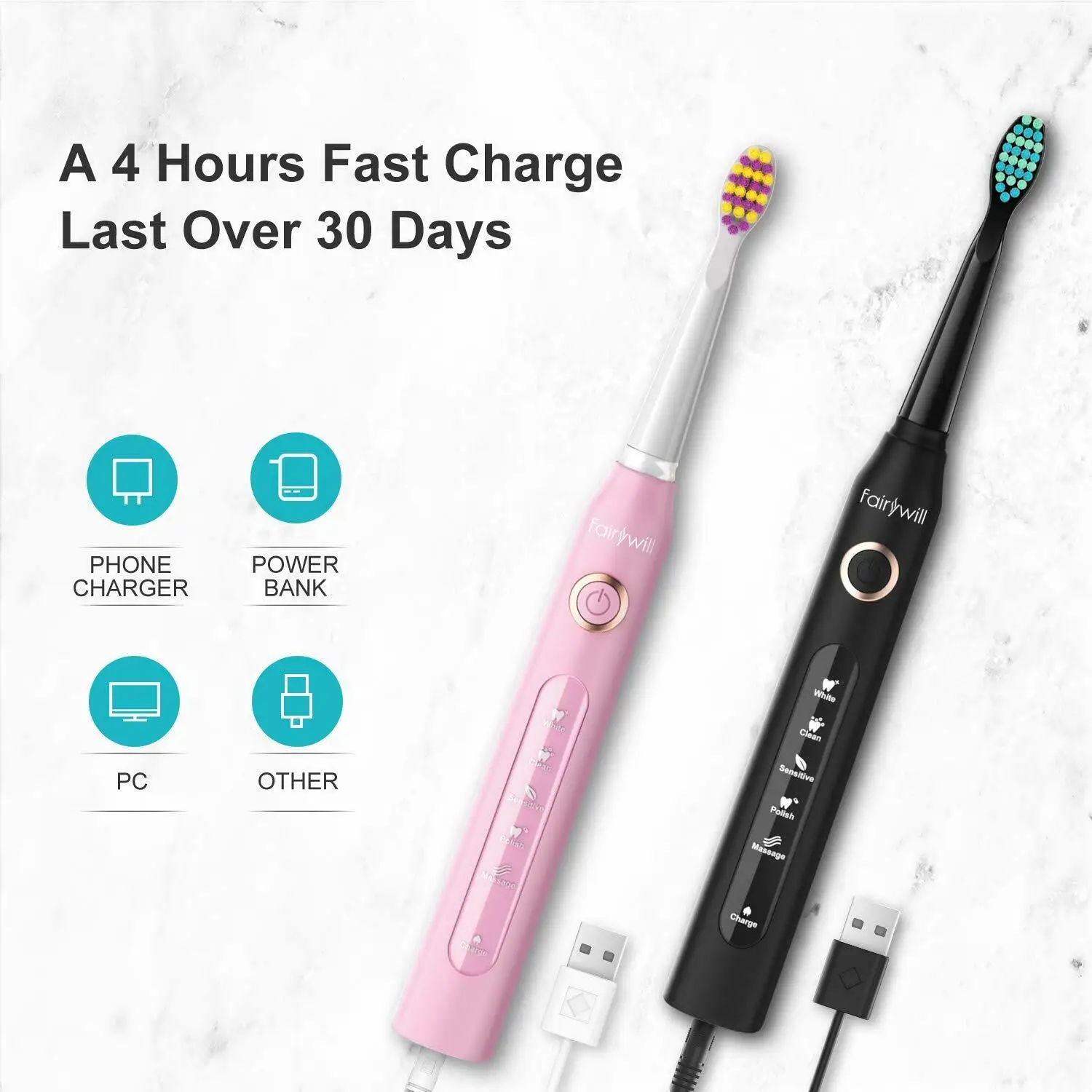 Fairywill Sonic Electric Toothbrush Powerful Cleaning USB Rechargeable Timer Replacement Head Washable Whitening Brush For Adult