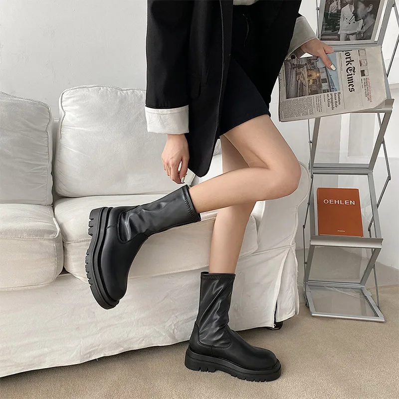 Women's Ankle Shoes Mid Calf High Long Boots Platform Non Slip PU Leather Soft New Ladies Fashion Spring Autumn Fur Black Female
