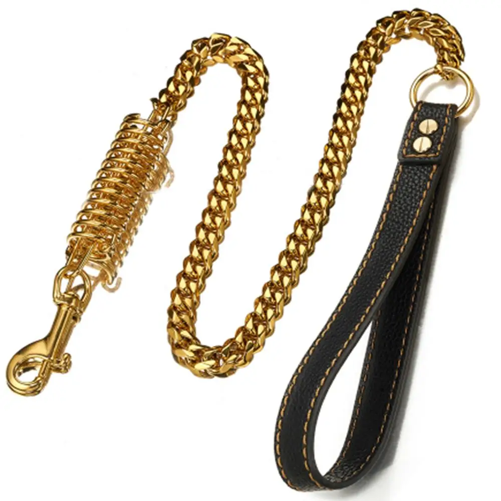 

39" 15mm Strong Safety Anti-lost Collar Dog Leash Chain Cuban Curb Link Stainless Steel Gold Tone W/Leather Handle Strong Lead