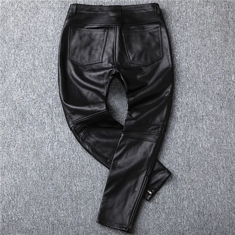 Autumn Winter Chic Men's Genuine leather pants High quality cow leather biker pants C756