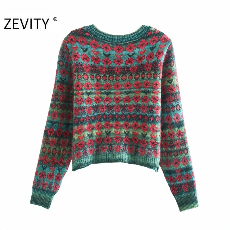 Zevity Women Vintage Square Collar Contrast Color Flower Print Knitting Sweater Female Long Sleeve Chic Cardigans Coat Tops S540