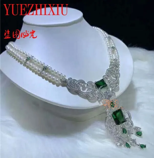 

New style natural 2rows 8-9mm white freshwater pearl micro inlay zircon Pearl tassel necklace jewelry