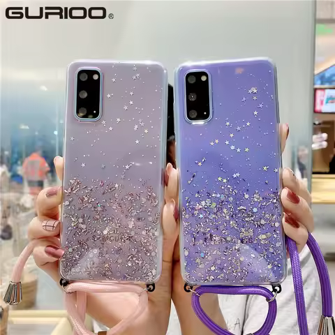 Strap Cord Chain Case For Samsung S23 S22 S21 S20 FE S10 Note 9 10 Plus 20 Ultra A50 A70 A51 A71 A31 A41 Lanyard Glitter Cover