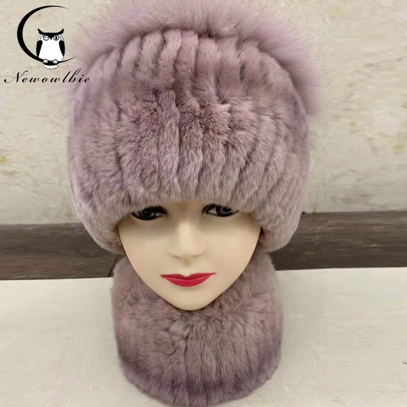 

Russia Hot Sale Winter Real Fur Beanies Hat And Scarf Set Women 100% Genuine Real Rex Rabbit Hat Good Elastic Knitted hat