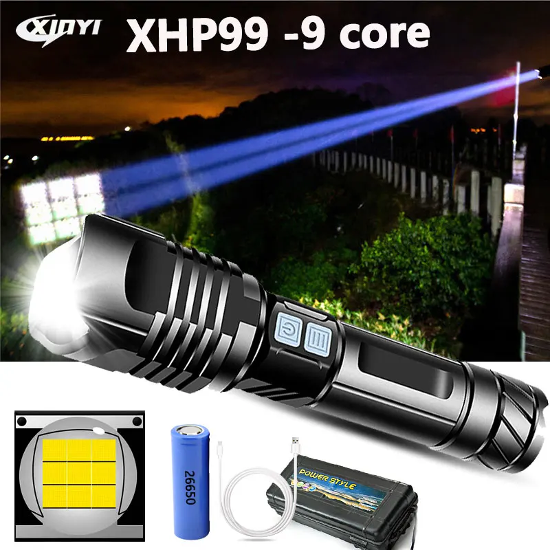 Most Powerful  XHP99-9core LED Flashlight Tactical waterproof Torch 3modes XHP90 Zoomable Hunting camping lamp use 26650