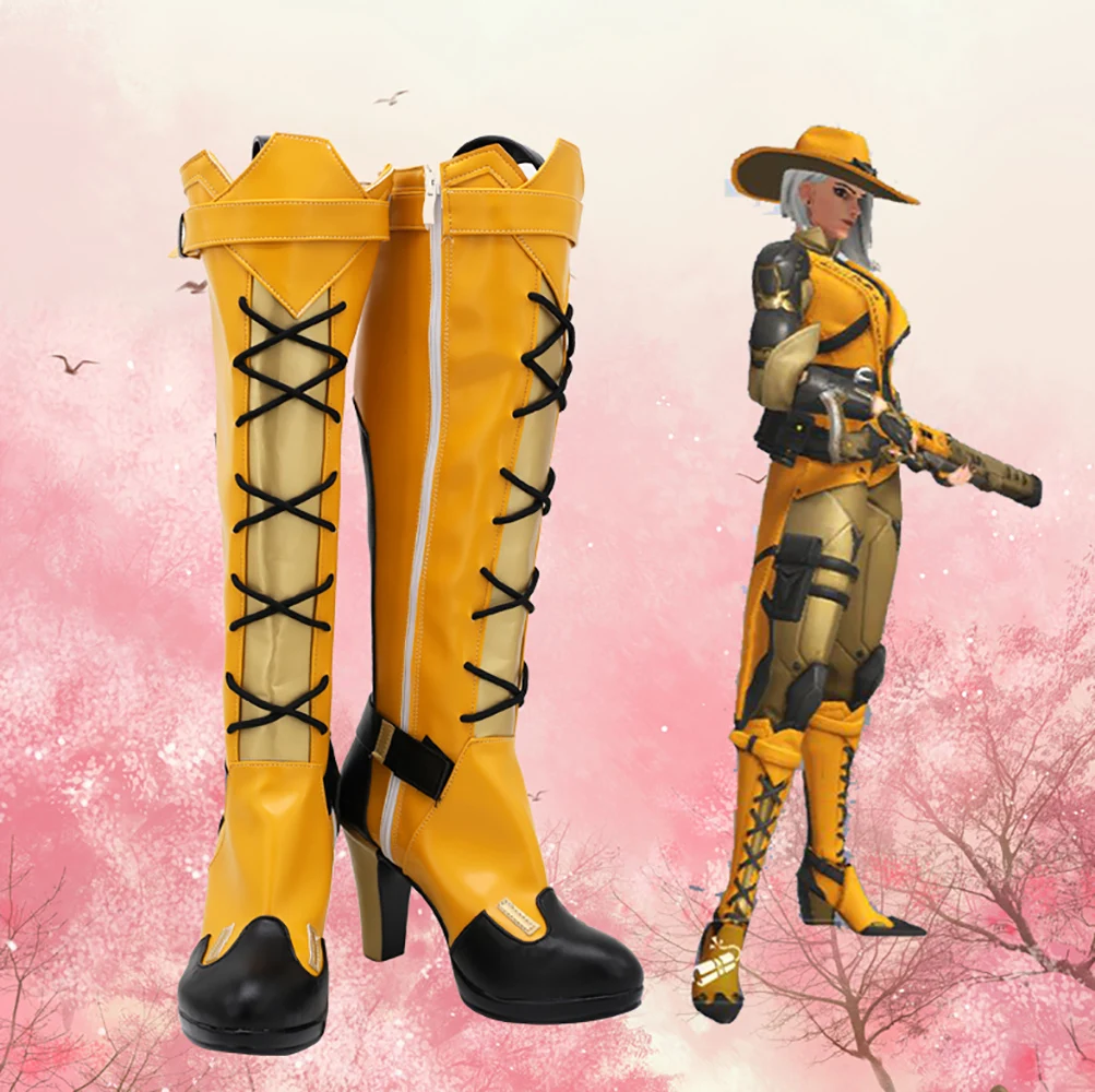 

Game OW Ashe Yellow Cosplay Boots Ashe High Heeled Shoes Custom Made for Unisex