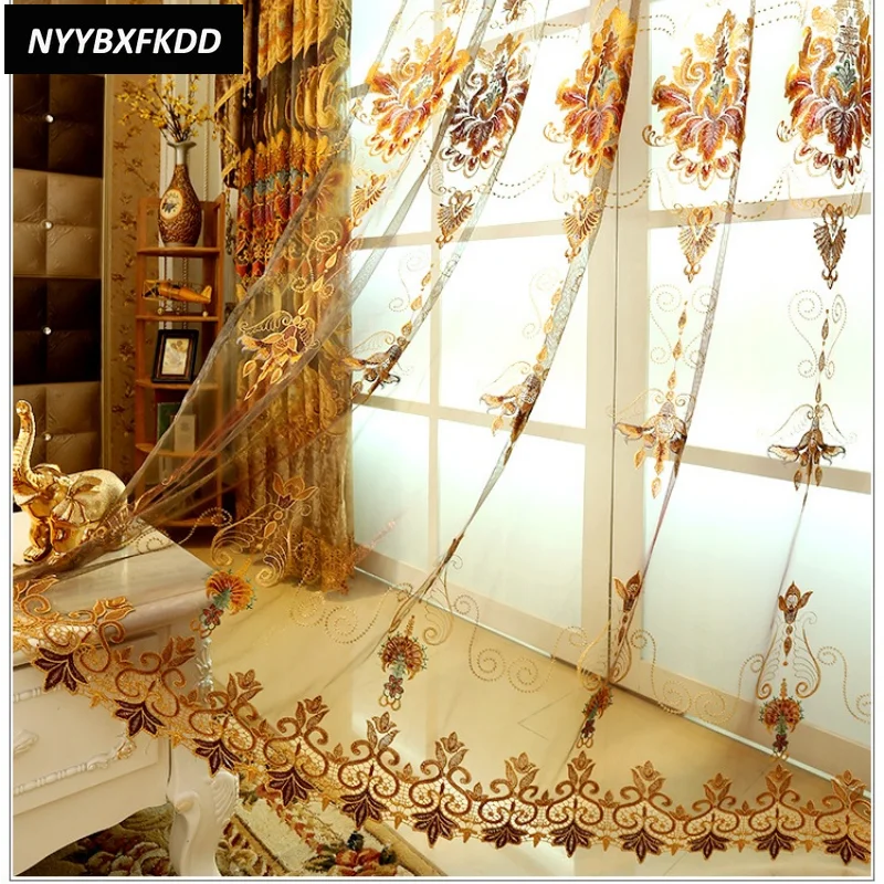 Luxury Upscale European Embroidery Curtains Tulle for Living Dining Room Bedroom Shade Valance Custom Wave Golden