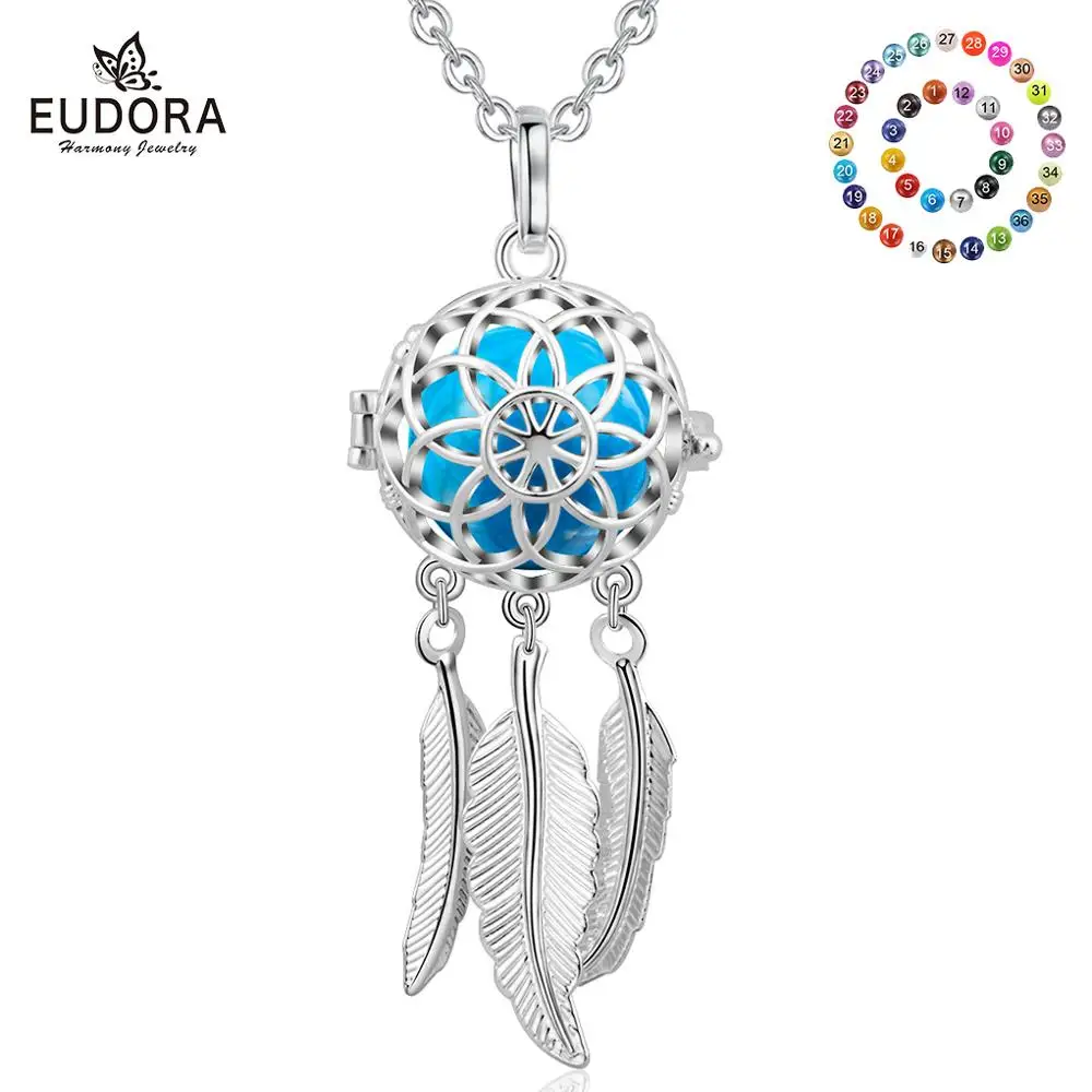 EUDORA 18 mm Harmony Ball Pendant Necklace Dreamcatcher Locket Cage with Chime Sound Harmony Bola Pregnancy Ball Lava stone K263